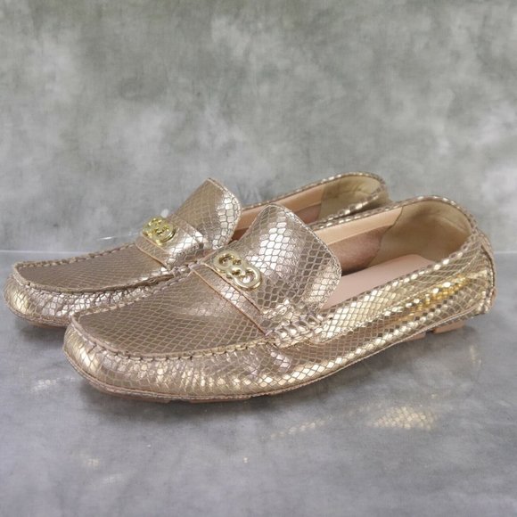 NWOB COLE HAAN D42902 Classic Women's Gold Metallic Leather Driving Shoes 60697 - Picture 1 of 12